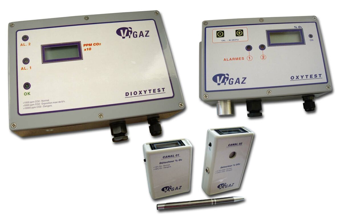 D&eacute;tecteurs de gaz VIGAZ : DIOXYTEST CO2 et OXYTEST O2 muraux, d&eacute;tecteurs de poche CANAL 01 et CANAL 02